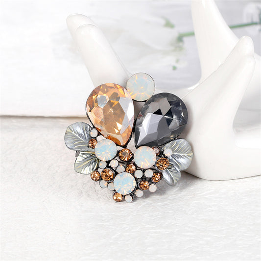Gray Crystal and Cubic Zirconia Enamel Silver-Plated Botanical Brooch, silver brooch pin, front view