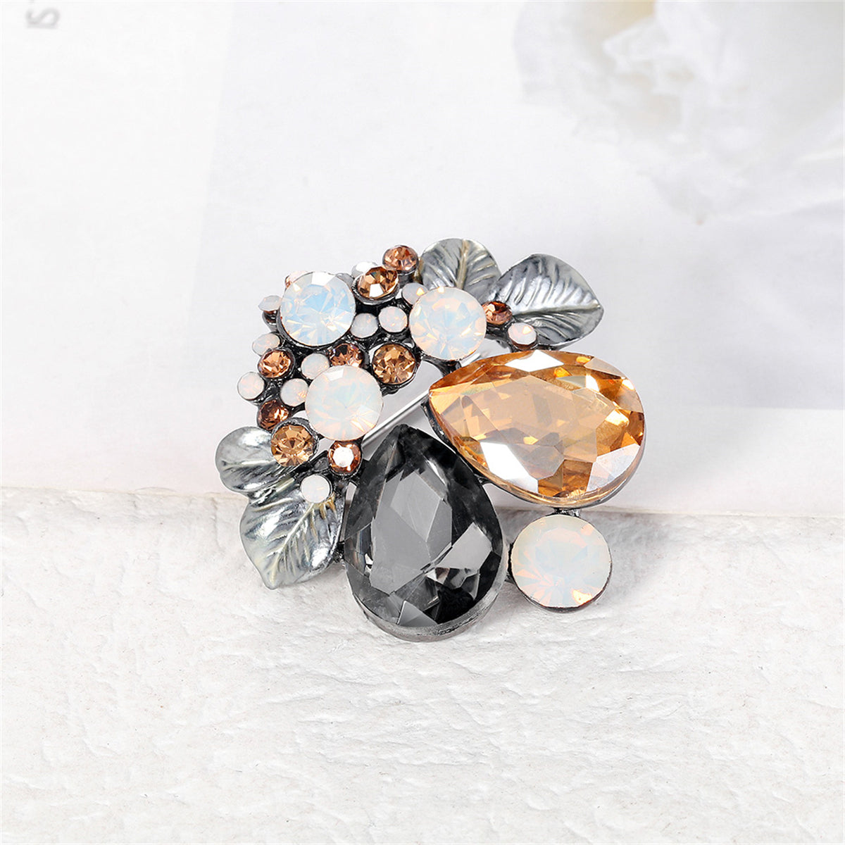 Gray Crystal and Cubic Zirconia Enamel Silver-Plated Botanical Brooch, silver brooch pin, detail close-up