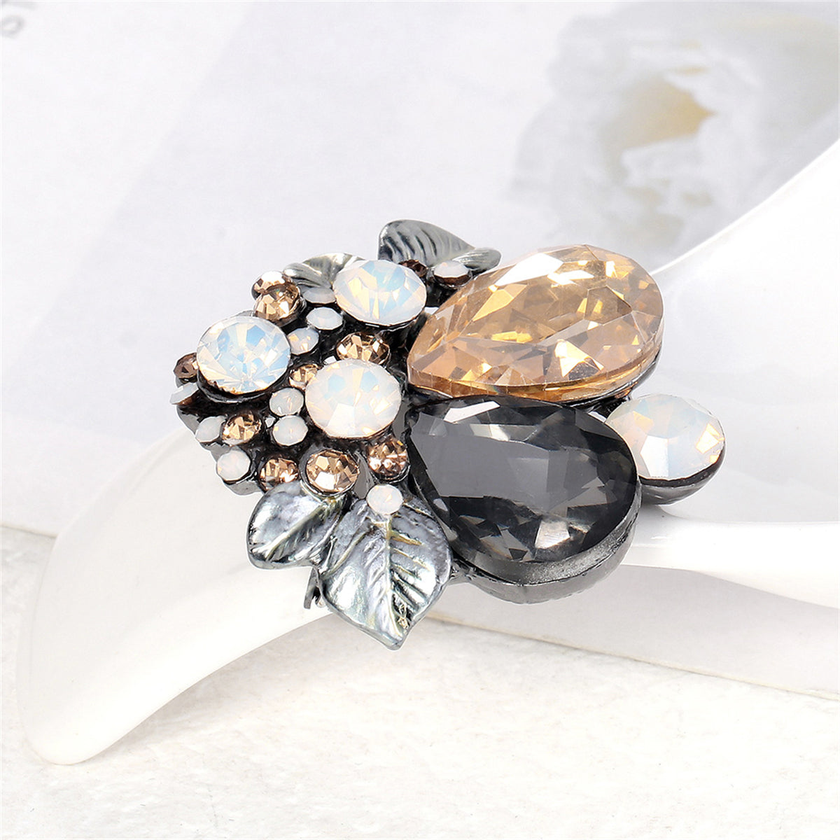 Gray Crystal and Cubic Zirconia Enamel Silver-Plated Botanical Brooch, silver brooch pin, lifestyle look