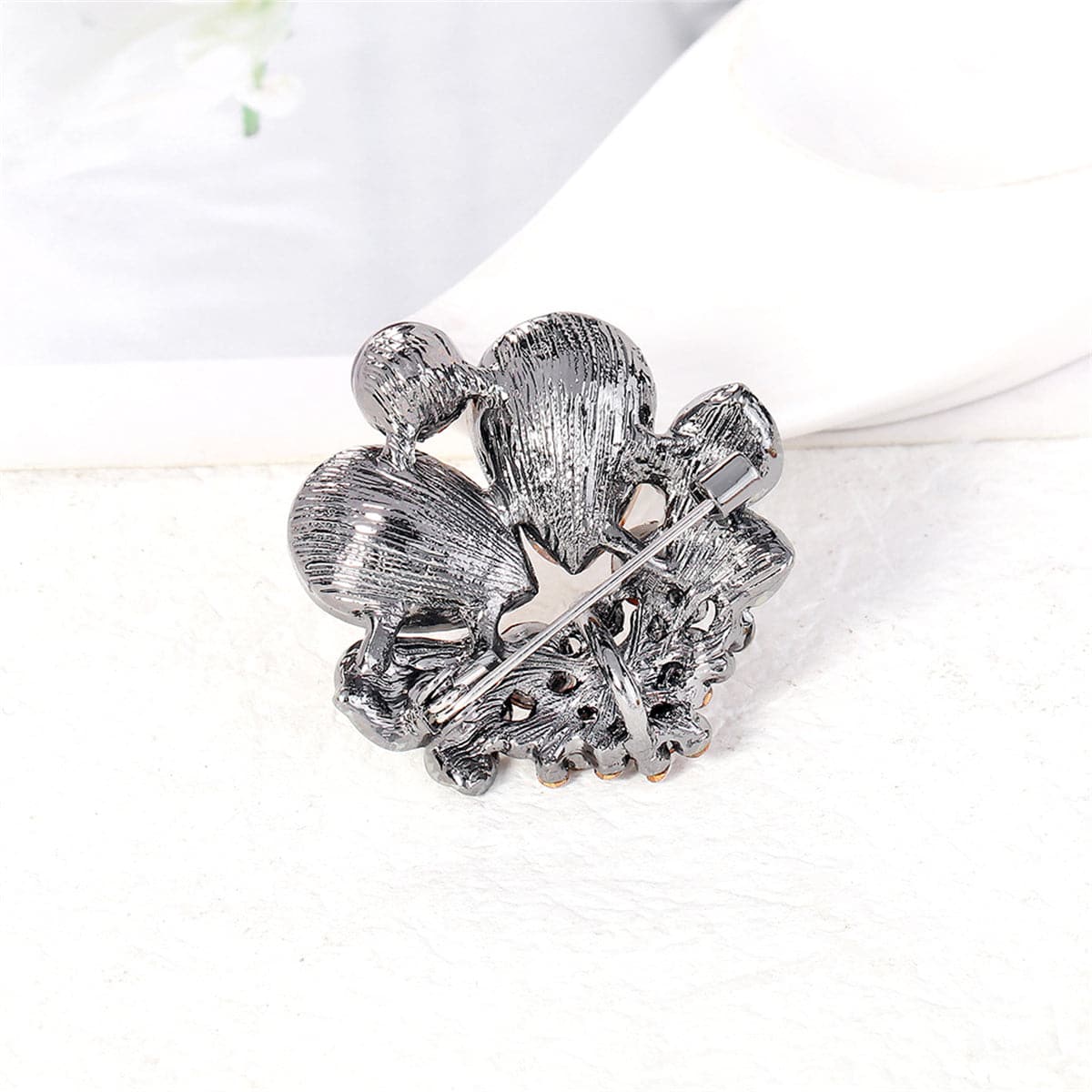 Gray Crystal and Cubic Zirconia Enamel Silver-Plated Botanical Brooch, silver brooch pin, styled look