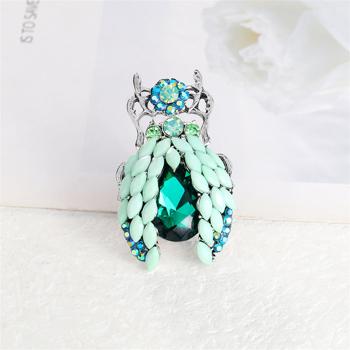Blue Crystal and Cubic Zirconia Silver-Plated Beetle Brooch, silver brooch pin, everyday style, side view