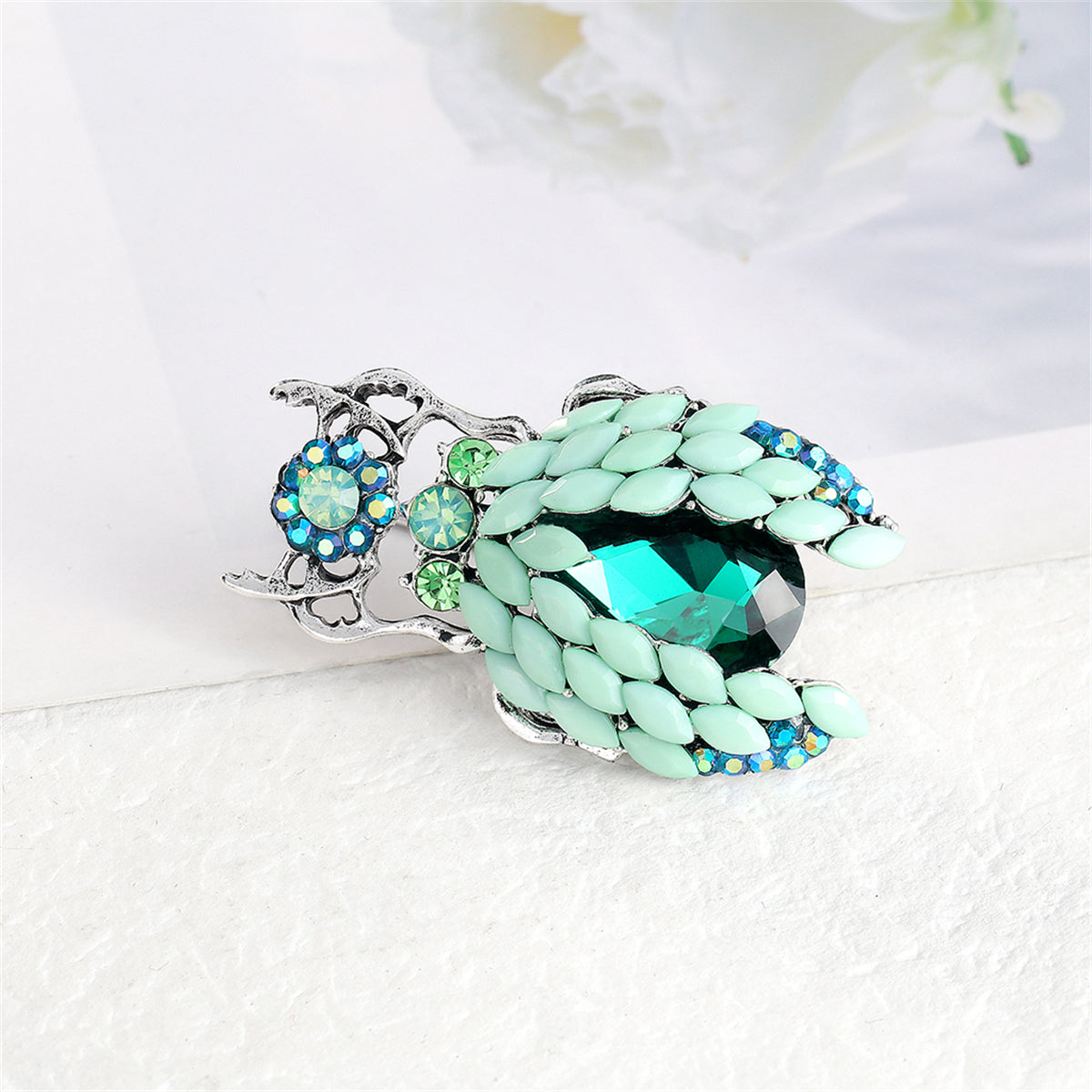 Blue Crystal and Cubic Zirconia Silver-Plated Beetle Brooch, silver brooch pin, everyday style, lifestyle look