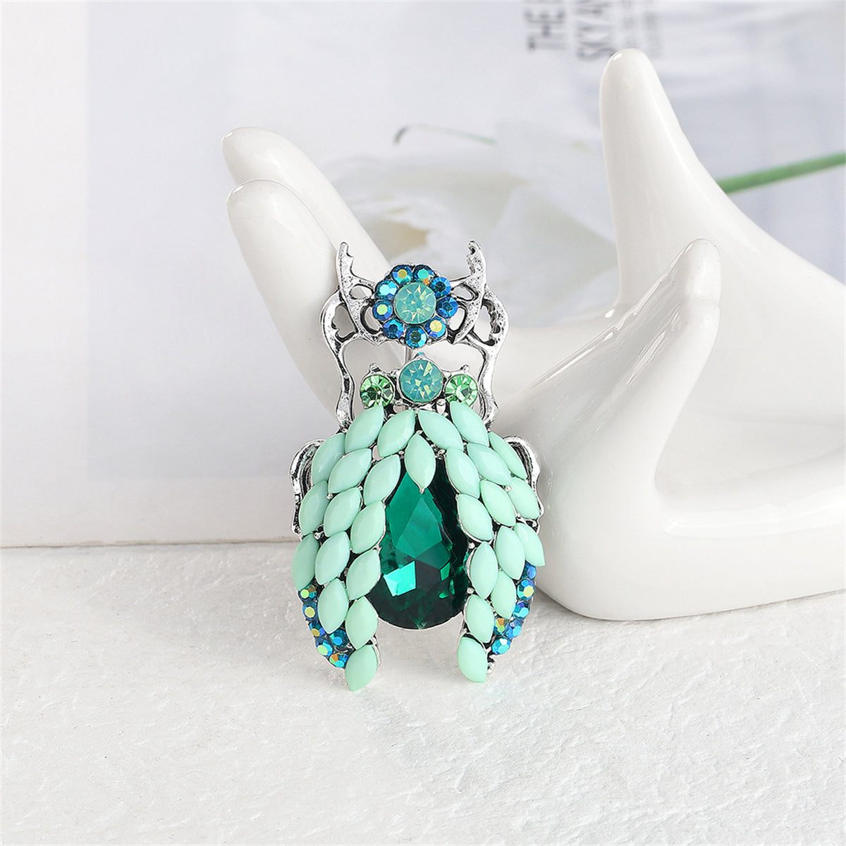Blue Crystal and Cubic Zirconia Silver-Plated Beetle Brooch, silver brooch pin, everyday style, detail close-up