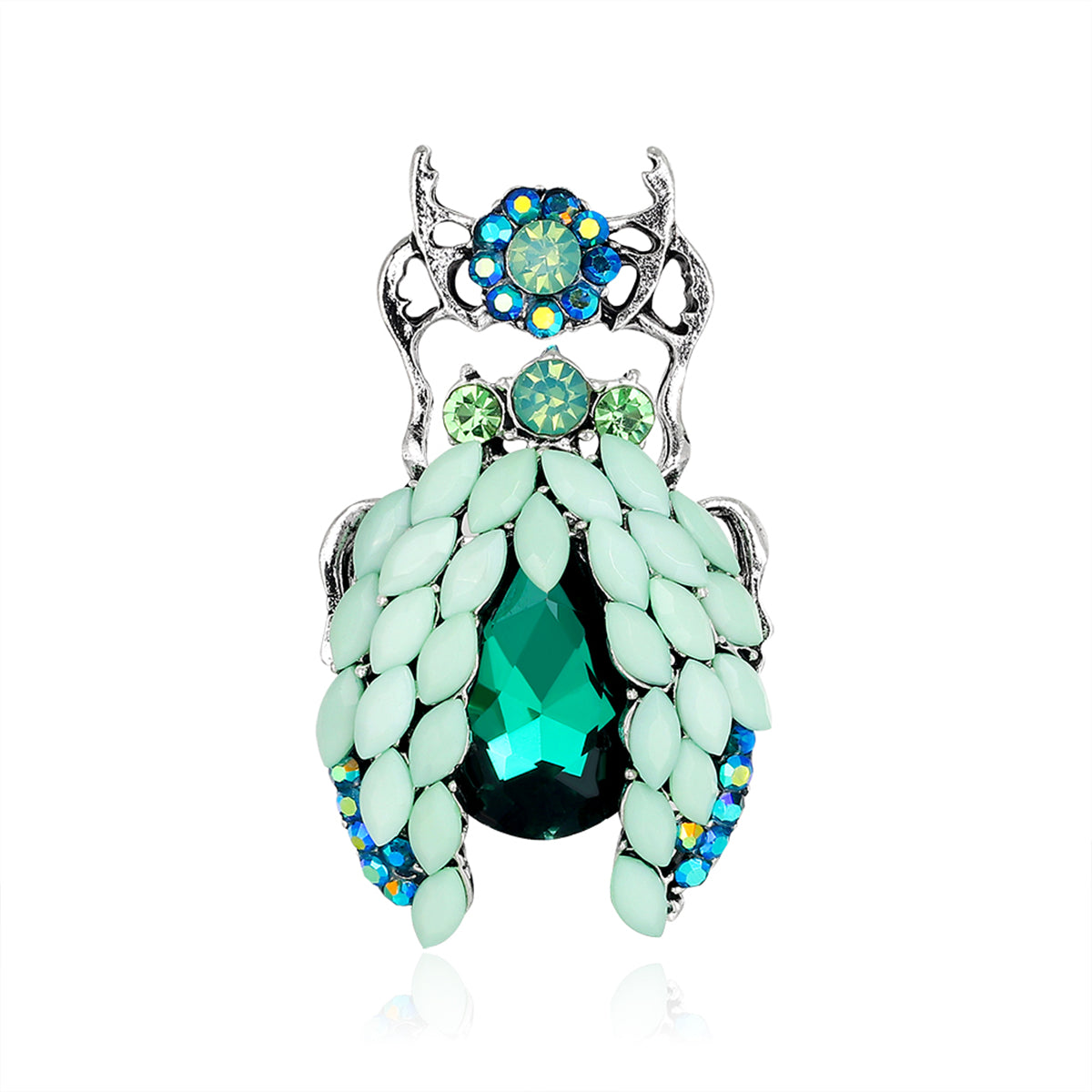 Blue Crystal and Cubic Zirconia Silver-Plated Beetle Brooch, silver brooch pin, everyday style, front view