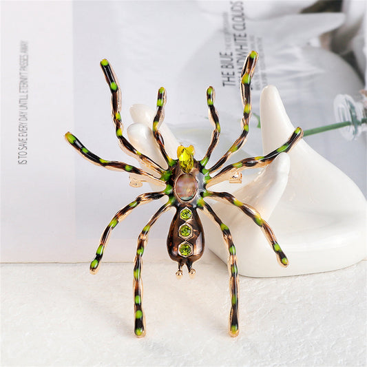 Green Crystal and Brown Enamel Spider Brooch, brooch pin, dainty minimalist design, front view
