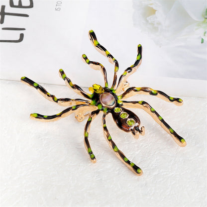Green Crystal and Brown Enamel Spider Brooch, brooch pin, dainty minimalist design, detail close-up