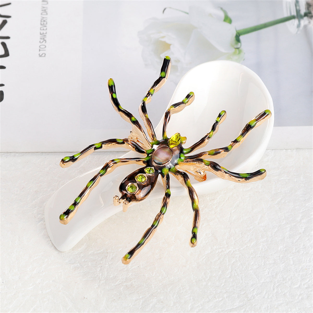 Green Crystal and Brown Enamel Spider Brooch, brooch pin, dainty minimalist design, lifestyle look