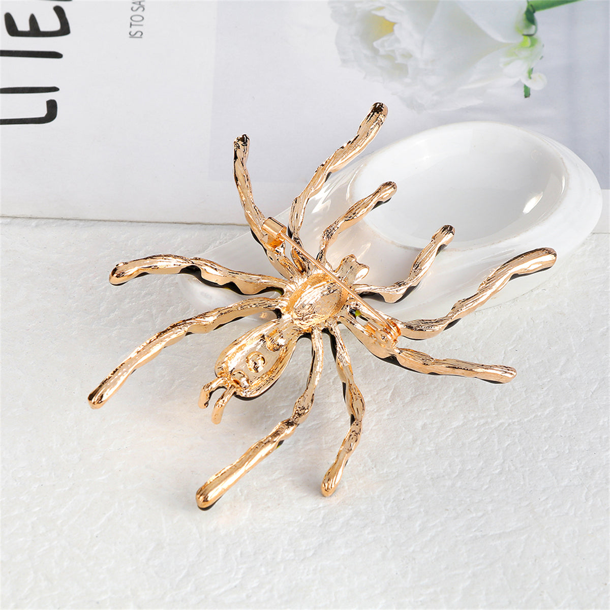 Green Crystal and Brown Enamel Spider Brooch, brooch pin, dainty minimalist design, styled look