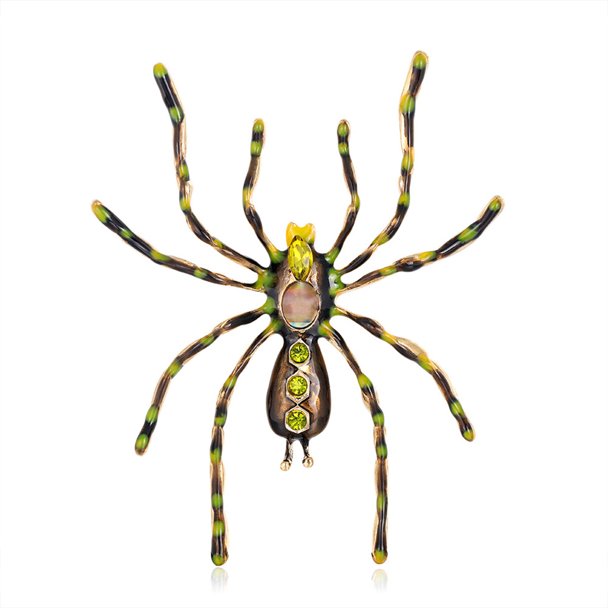 Green Crystal and Brown Enamel Spider Brooch, brooch pin, dainty minimalist design, side view