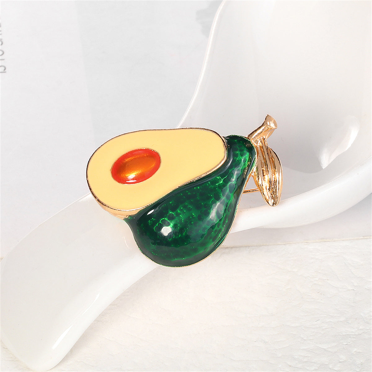 Green Enamel and 18K Gold-Plated Avocado Brooch, gold brooch pin, vintage-inspired design, lifestyle look