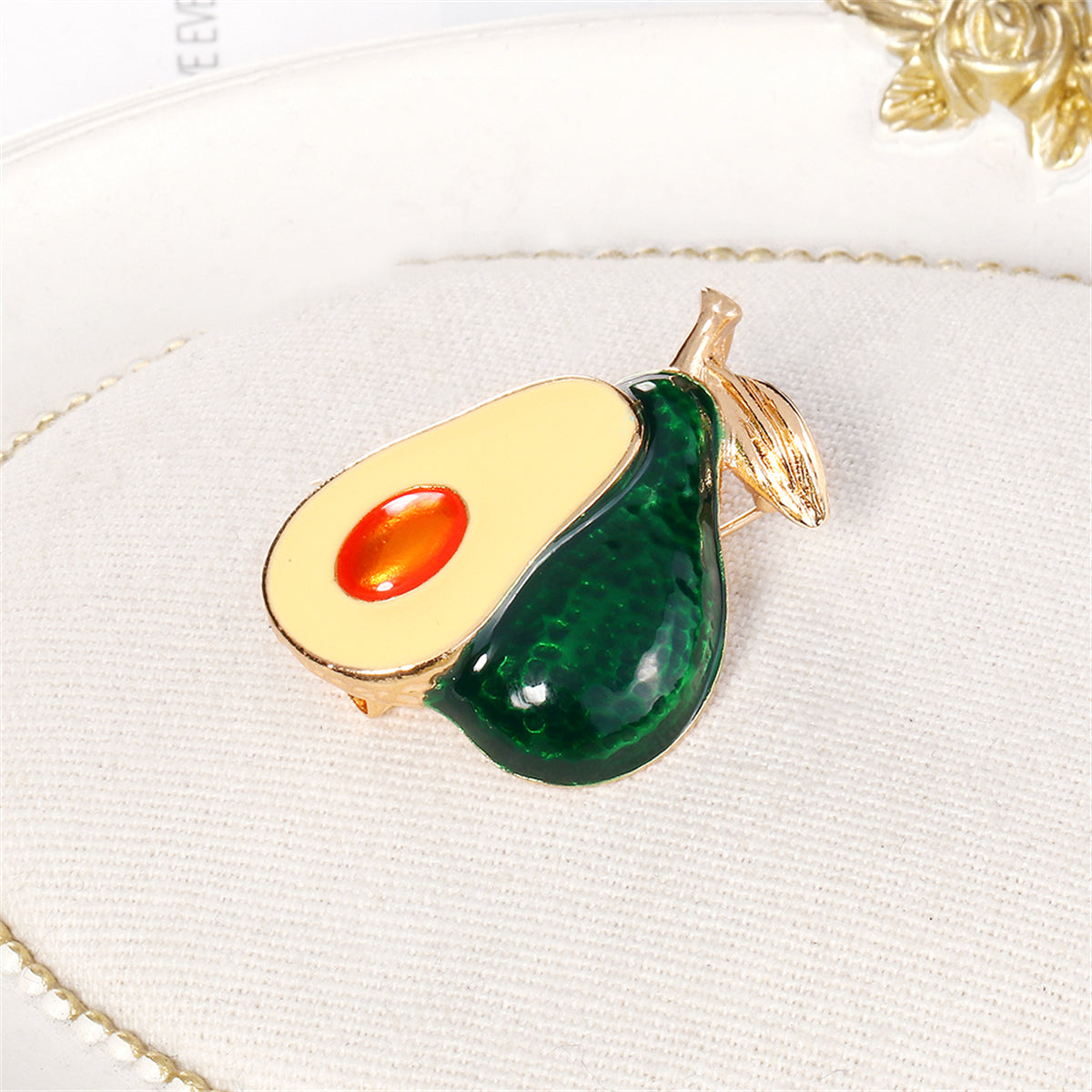 Green Enamel and 18K Gold-Plated Avocado Brooch, gold brooch pin, vintage-inspired design, detail close-up