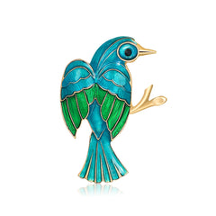 Teal Enamel & 18K Gold-Plated Bird Brooch
