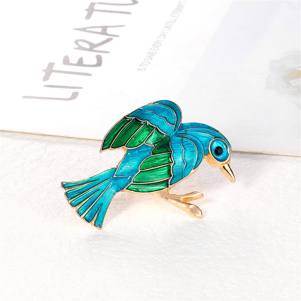 Teal Enamel & 18K Gold-Plated Bird Brooch