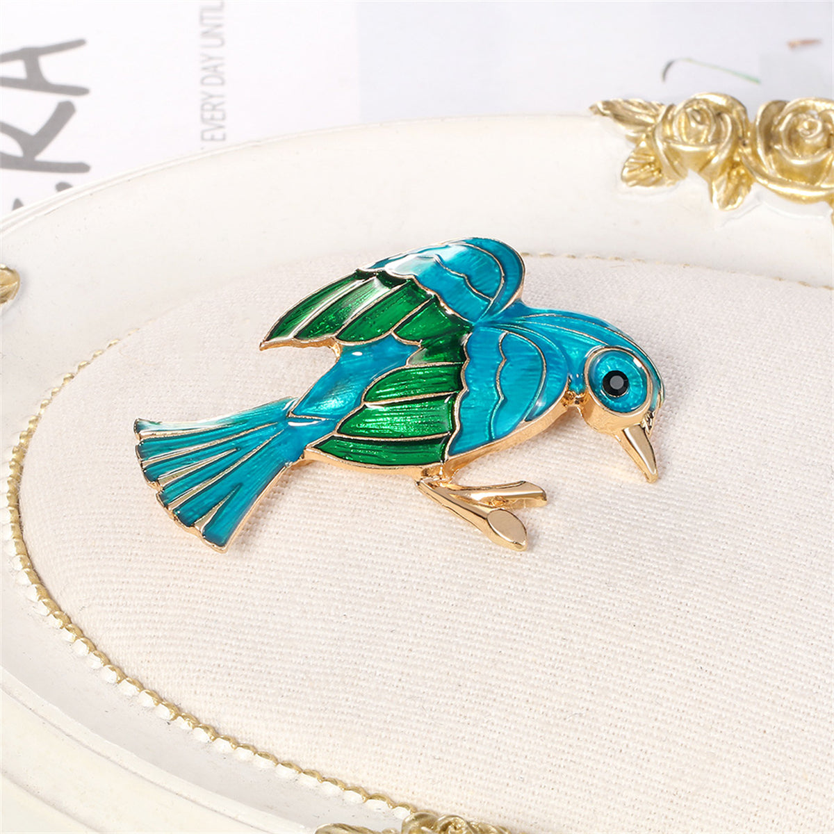 Teal Enamel and 18K Gold-Plated Bird Brooch, gold brooch pin, everyday style, detail close-up