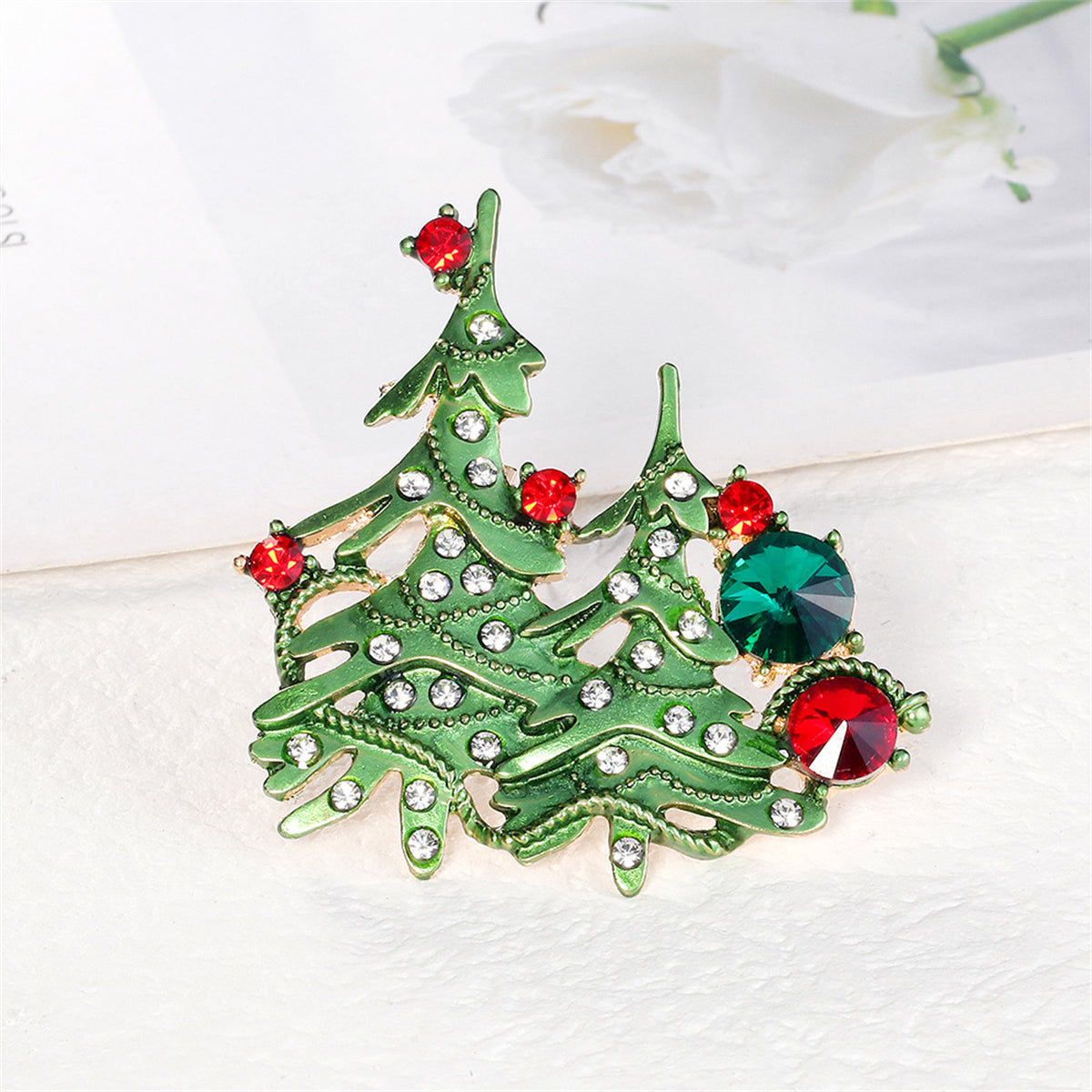 Clear Cubic Zirconia and Green Enamel Christmas Tree Brooch, brooch pin, everyday style, front view