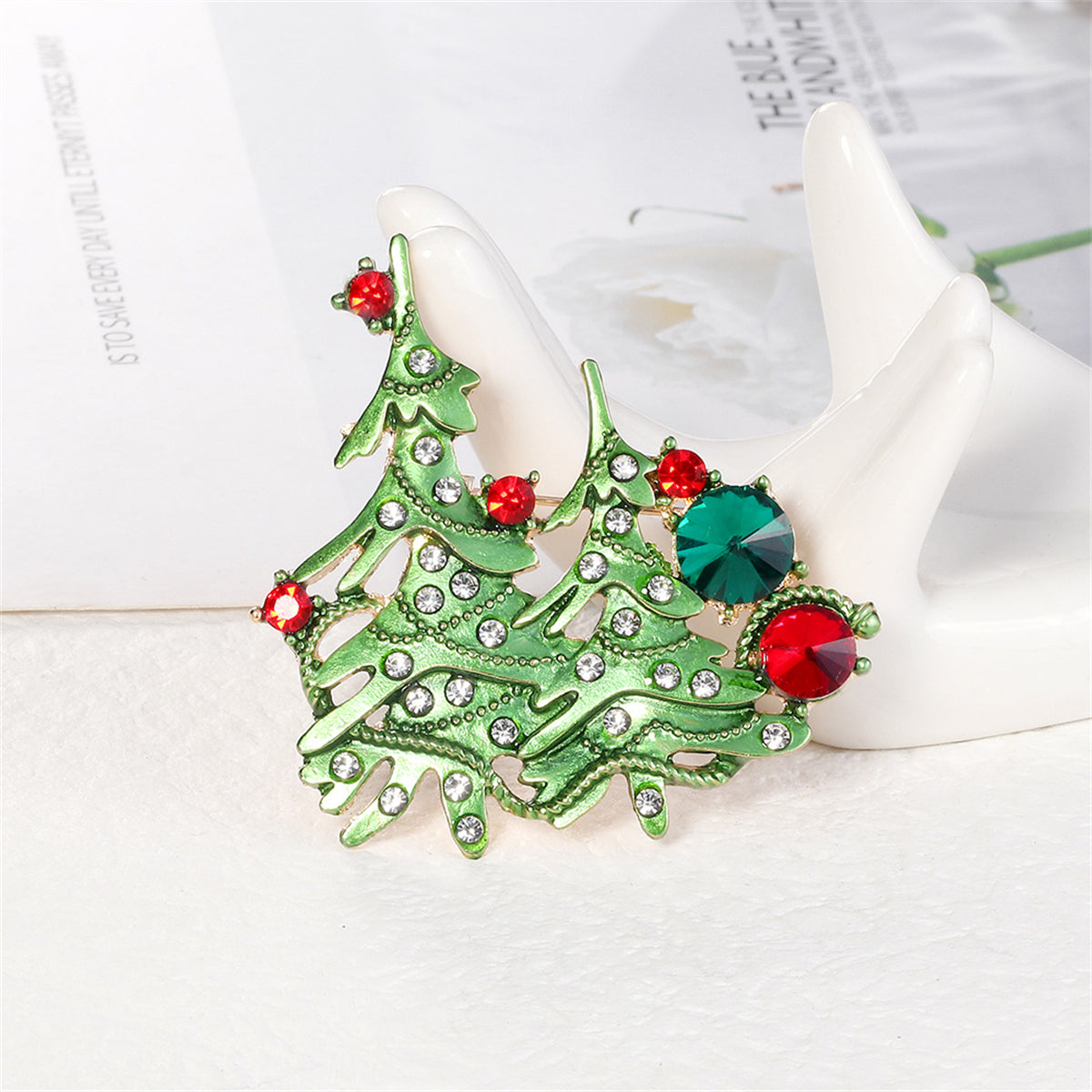 Clear Cubic Zirconia and Green Enamel Christmas Tree Brooch, brooch pin, everyday style, detail close-up
