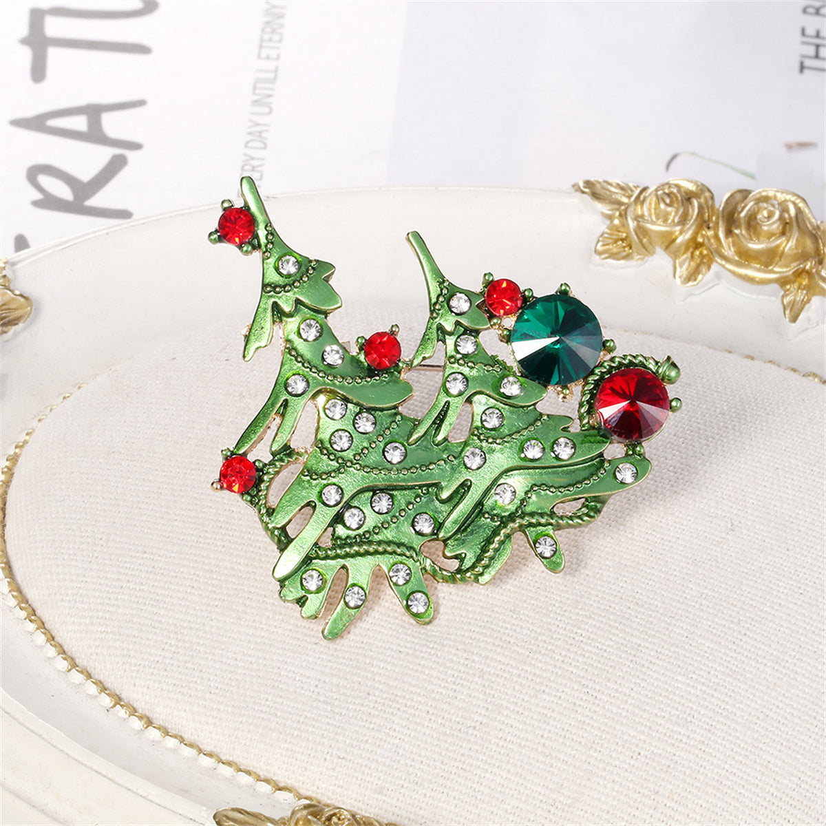 Clear Cubic Zirconia and Green Enamel Christmas Tree Brooch, brooch pin, everyday style, lifestyle look