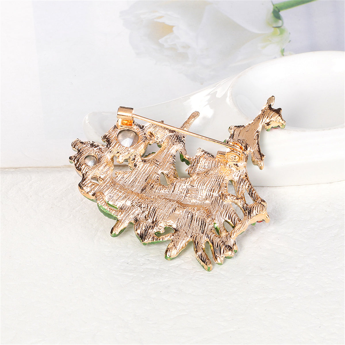 Clear Cubic Zirconia and Green Enamel Christmas Tree Brooch, brooch pin, everyday style, styled look