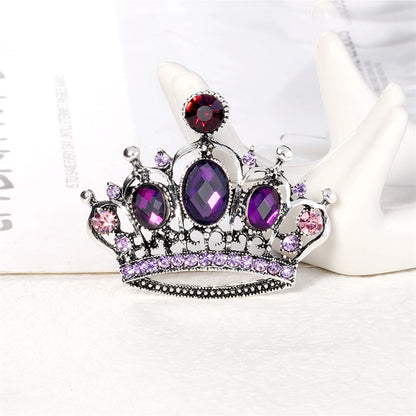 Purple Crystal and Cubic Zirconia Silver-Plated Crown Brooch, silver brooch pin, elegant gift for her, front view