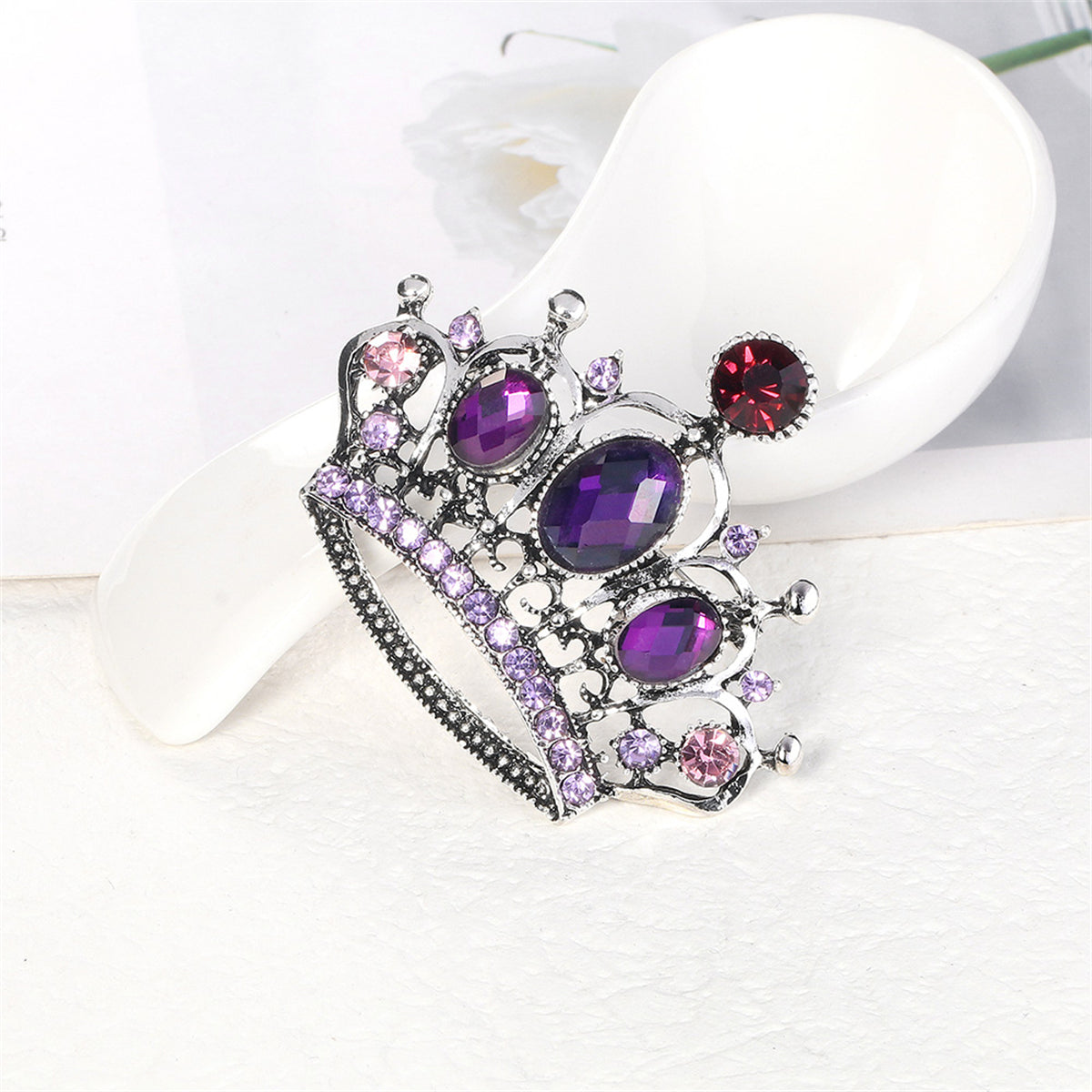 Purple Crystal and Cubic Zirconia Silver-Plated Crown Brooch, silver brooch pin, elegant gift for her, detail close-up