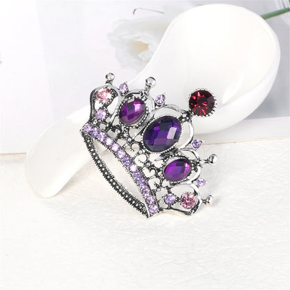 Purple Crystal and Cubic Zirconia Silver-Plated Crown Brooch, silver brooch pin, elegant gift for her, detail close-up