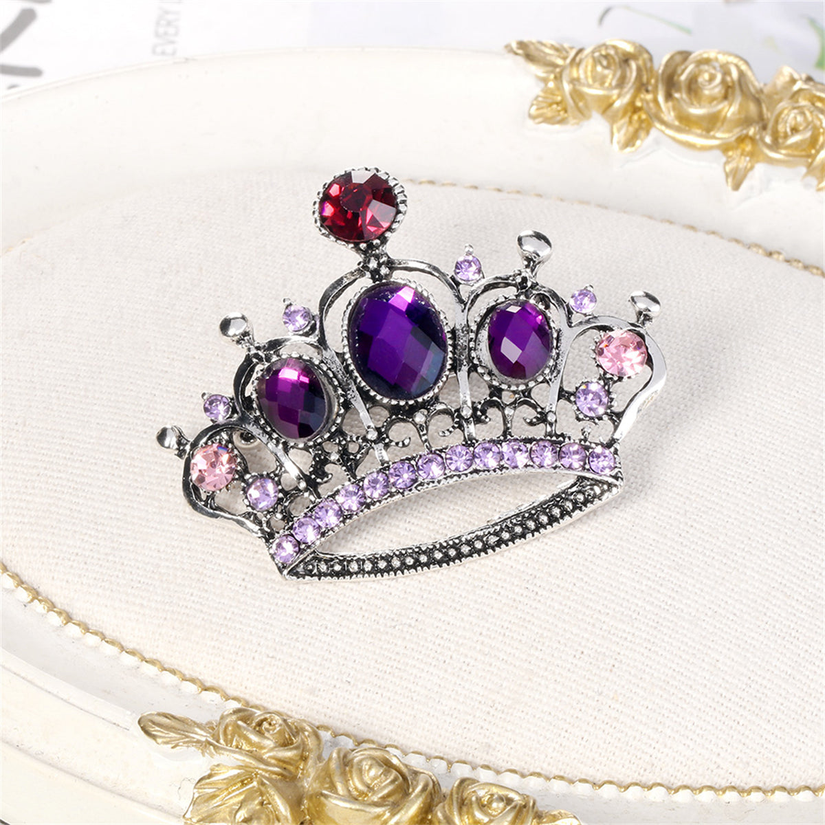 Purple Crystal and Cubic Zirconia Silver-Plated Crown Brooch, silver brooch pin, elegant gift for her, lifestyle look
