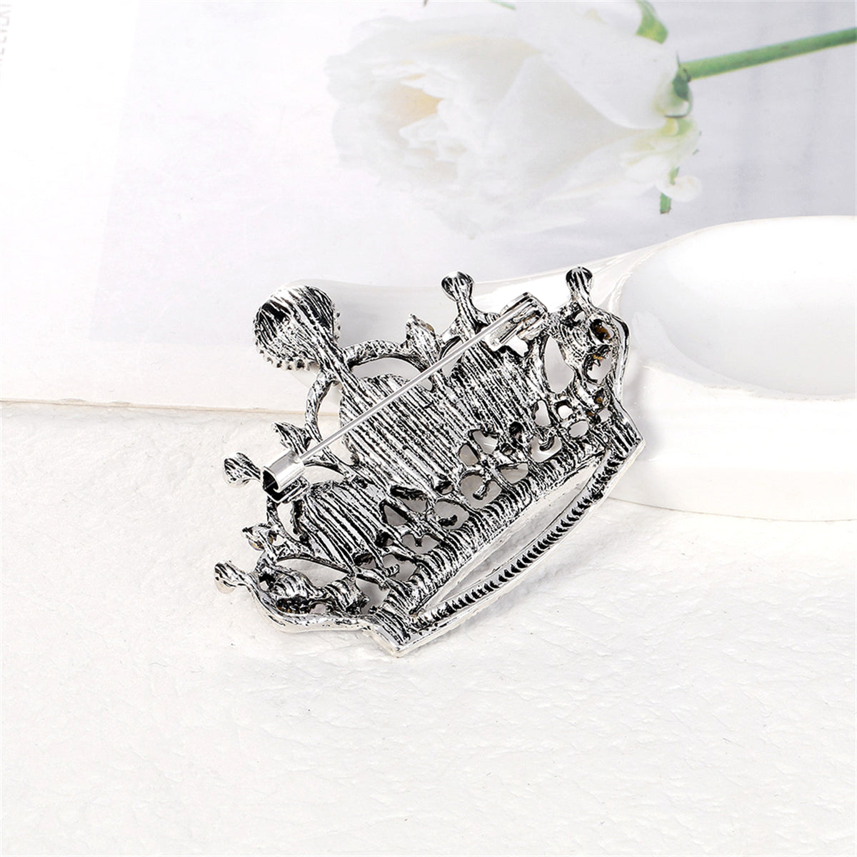 Purple Crystal and Cubic Zirconia Silver-Plated Crown Brooch, silver brooch pin, elegant gift for her, styled look