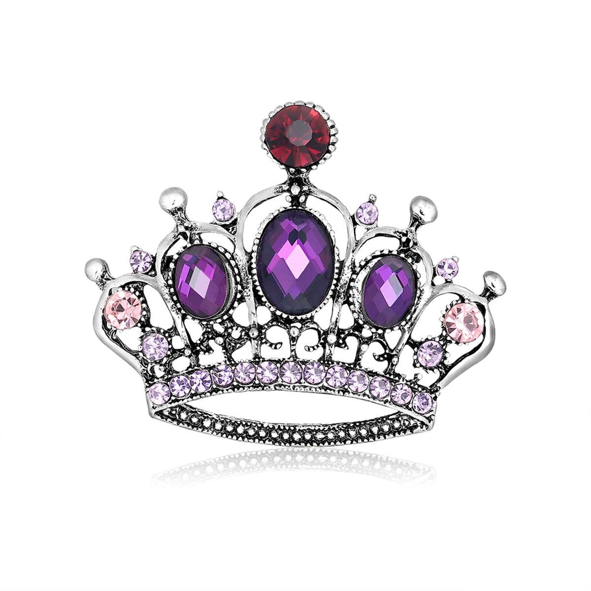 Purple Crystal and Cubic Zirconia Silver-Plated Crown Brooch, silver brooch pin, elegant gift for her, side view
