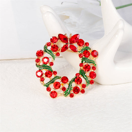 Red Crystal and Green Enamel Butterfly Wreath Brooch, brooch pin, botanical inspired, front view