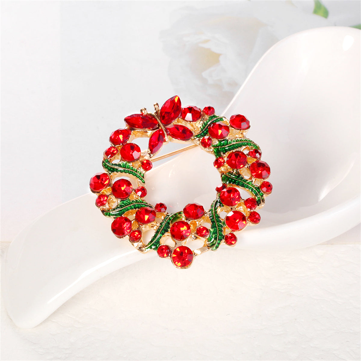 Red Crystal & Green Enamel Butterfly Wreath Brooch