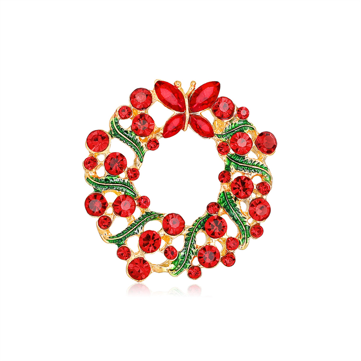 Red Crystal & Green Enamel Butterfly Wreath Brooch