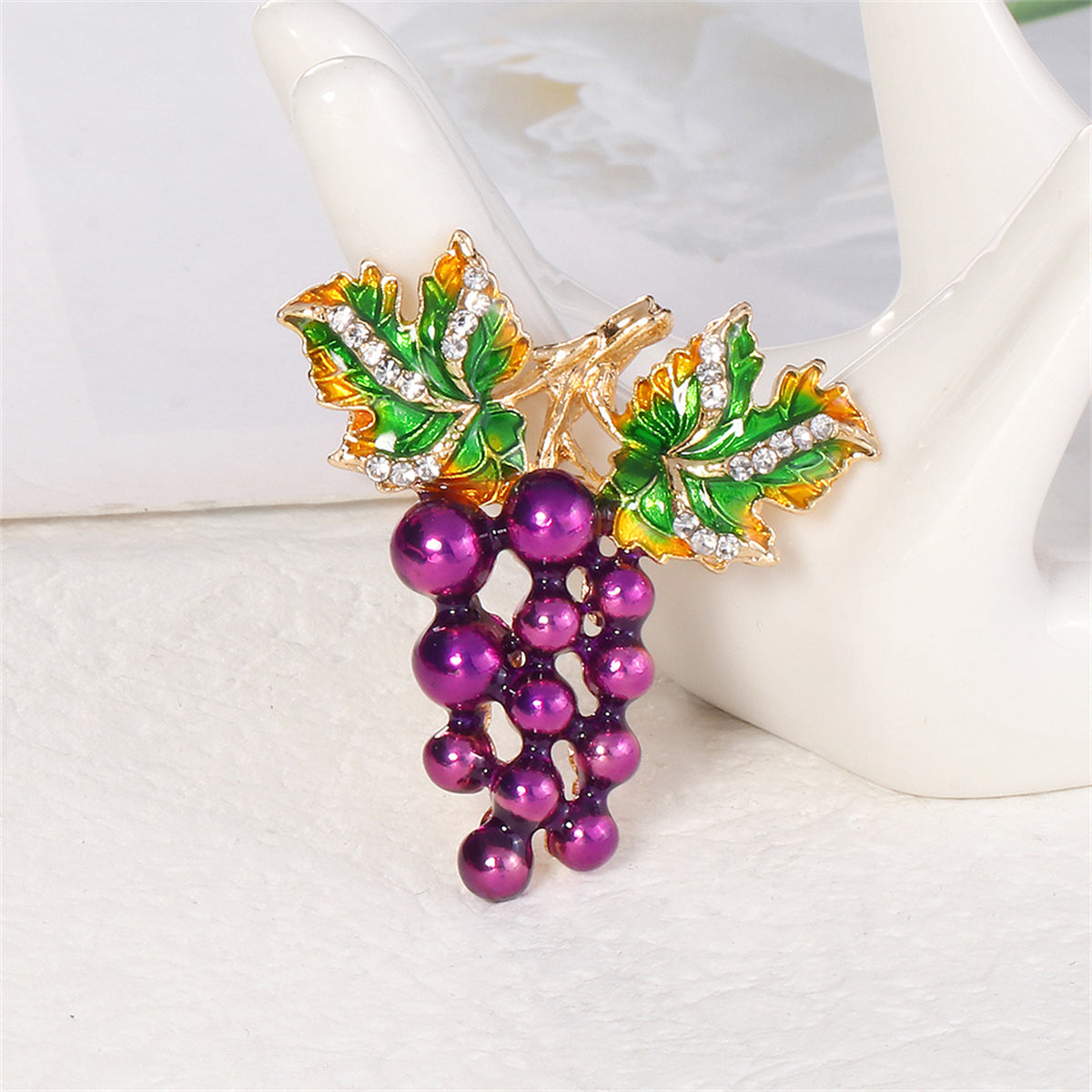 Cubic Zirconia and Enamel 18K Gold-Plated Grape Cluster Brooch, gold brooch pin, dainty minimalist design, front view