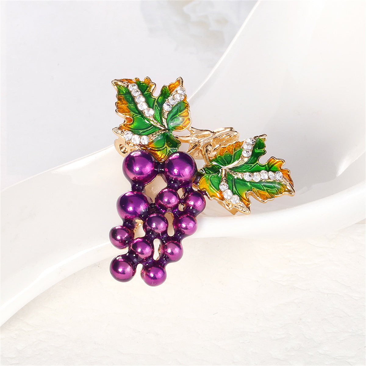 Cubic Zirconia and Enamel 18K Gold-Plated Grape Cluster Brooch, gold brooch pin, dainty minimalist design, detail close-up
