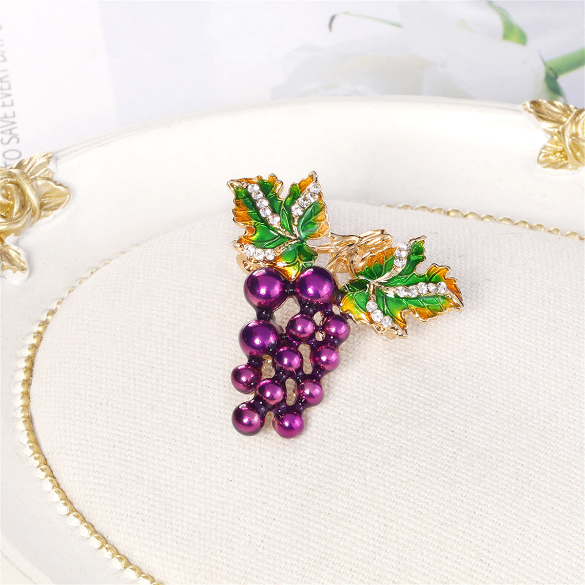 Cubic Zirconia and Enamel 18K Gold-Plated Grape Cluster Brooch, gold brooch pin, dainty minimalist design, lifestyle look