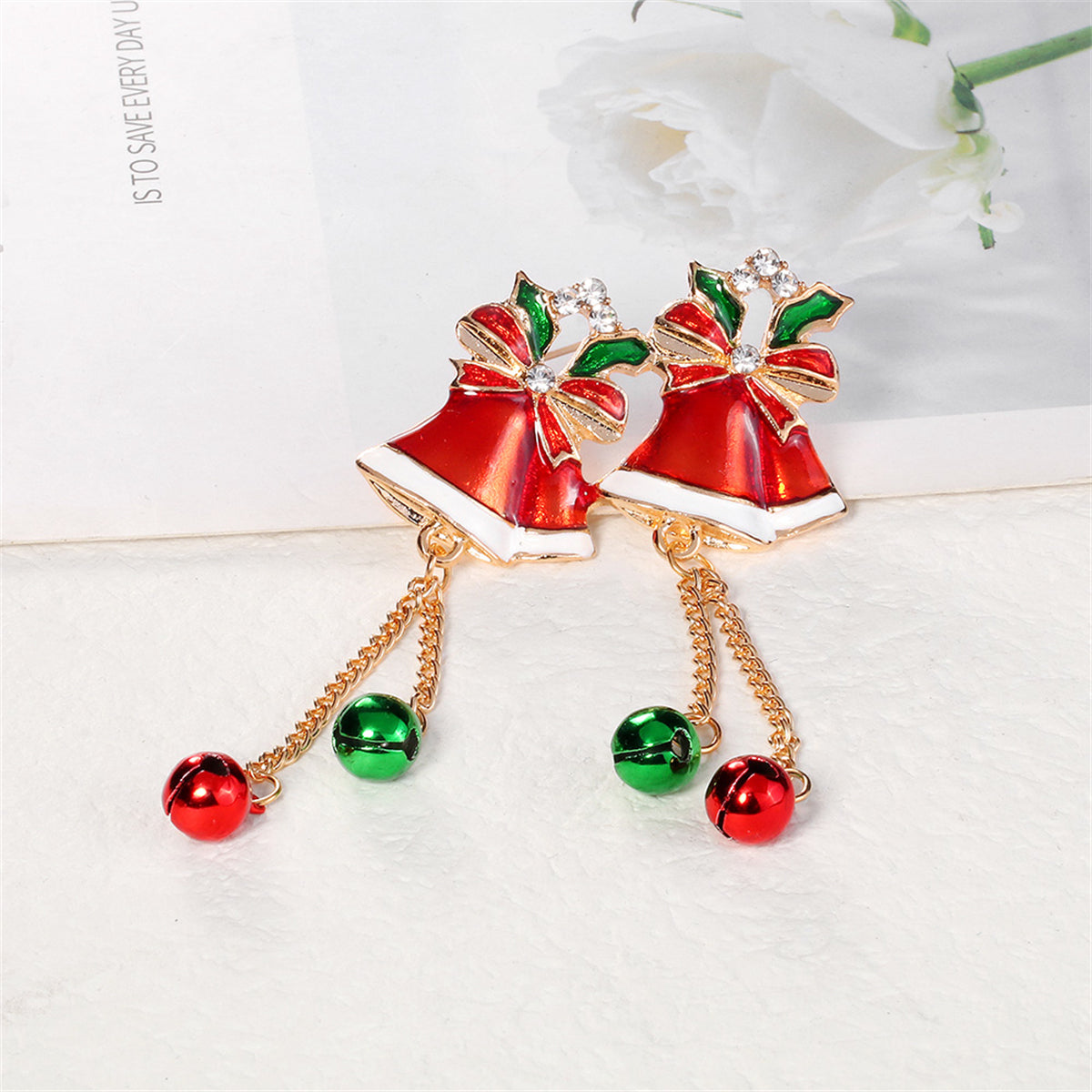 Clear Cubic Zirconia and Red Enamel Bells Brooch, brooch pin, everyday style, lifestyle look