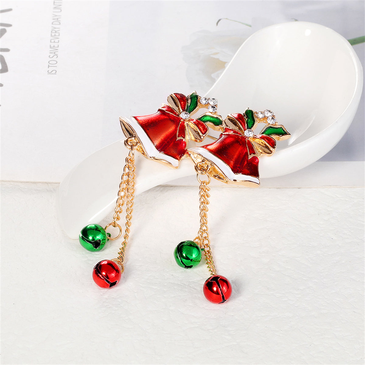 Clear Cubic Zirconia and Red Enamel Bells Brooch, brooch pin, everyday style, styled look