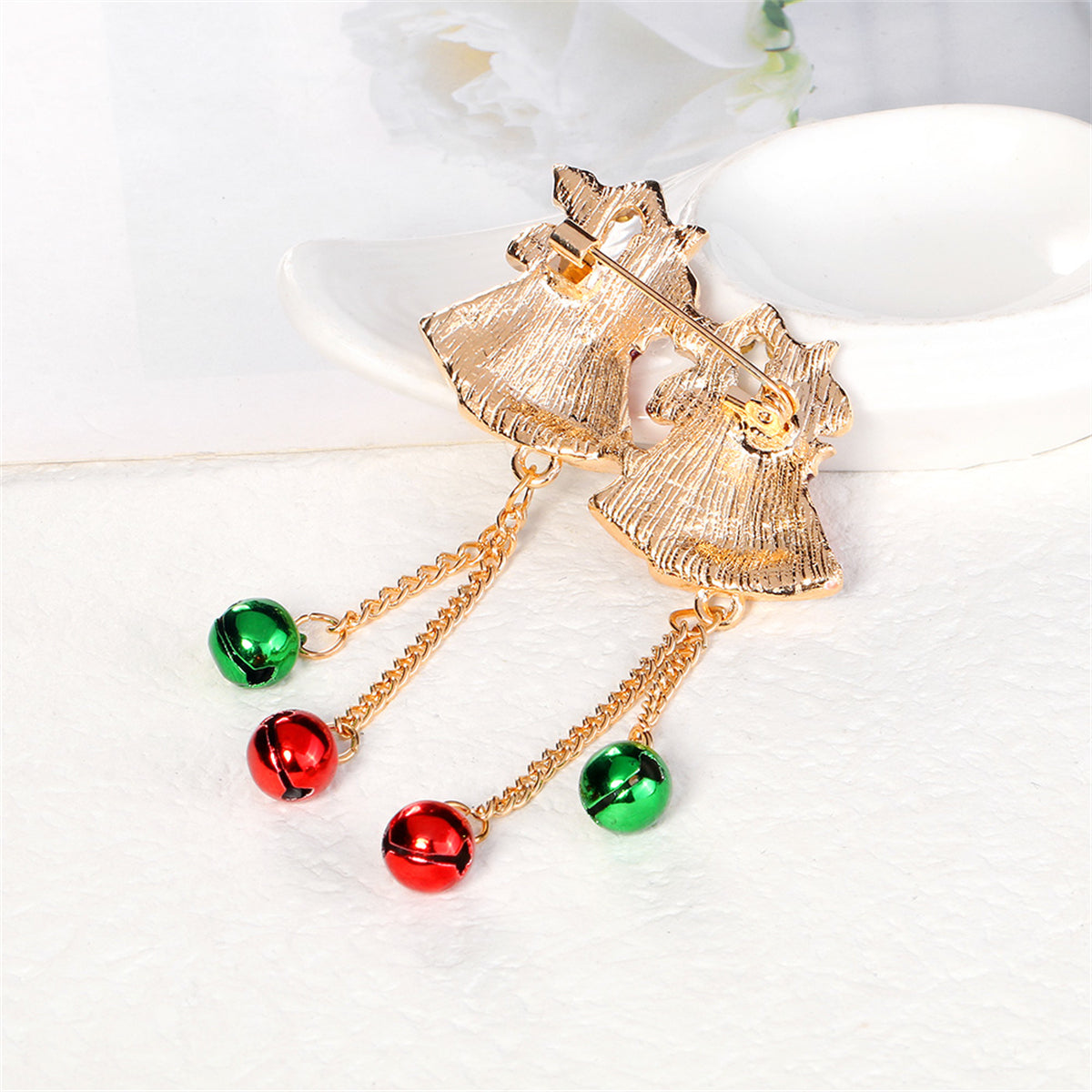 Clear Cubic Zirconia and Red Enamel Bells Brooch, brooch pin, everyday style, side view