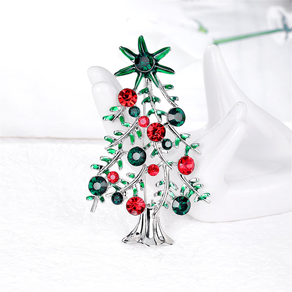 Red and Green Crystal Christmas Tree Brooch, brooch pin, vintage-inspired design, front view