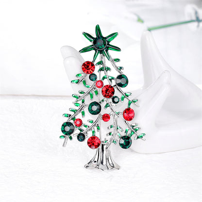 Red and Green Crystal Christmas Tree Brooch, brooch pin, vintage-inspired design, front view