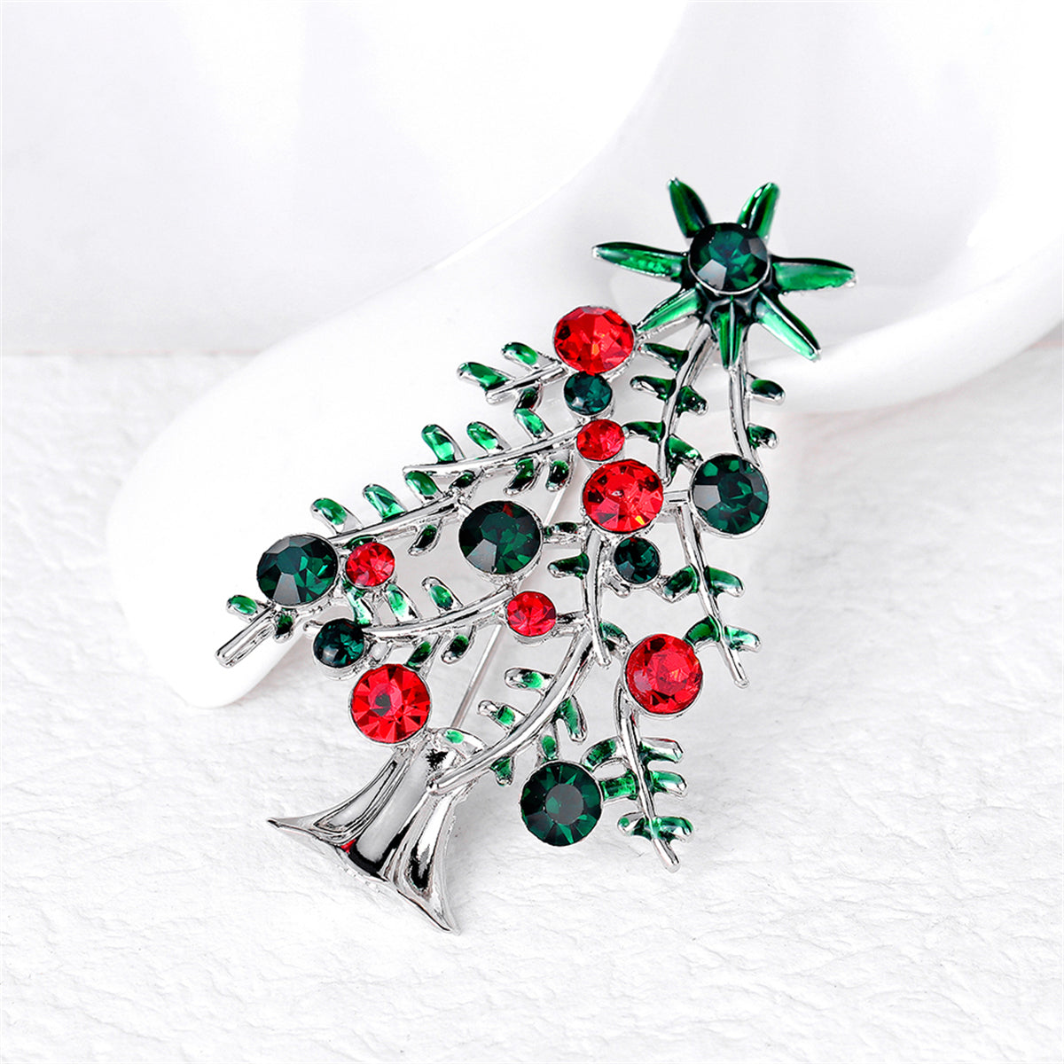 Red and Green Crystal Christmas Tree Brooch, brooch pin, vintage-inspired design, lifestyle look