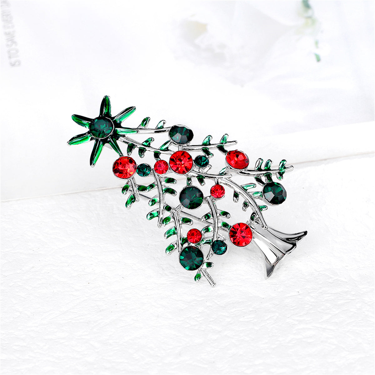 Red and Green Crystal Christmas Tree Brooch, brooch pin, vintage-inspired design, styled look