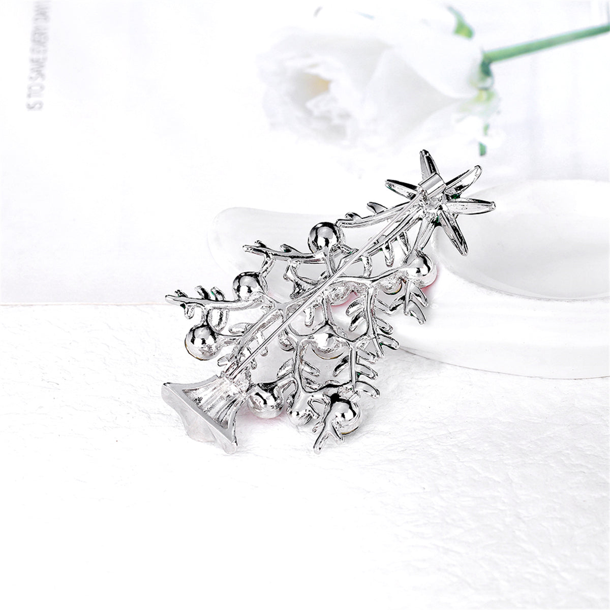 Red and Green Crystal Christmas Tree Brooch, brooch pin, vintage-inspired design, side view