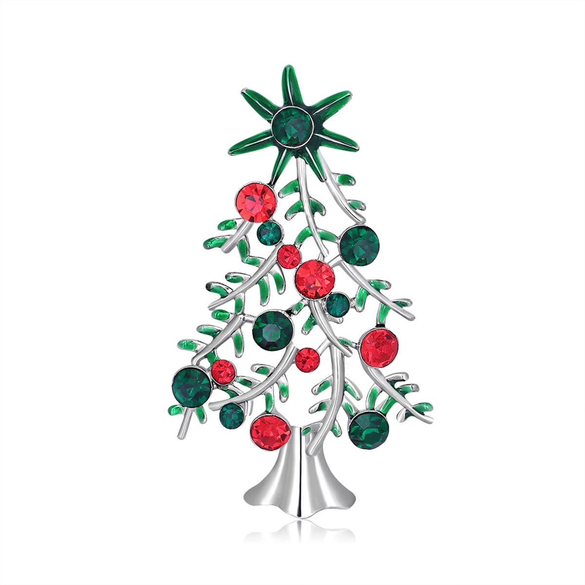 Red and Green Crystal Christmas Tree Brooch, brooch pin, vintage-inspired design, detail close-up