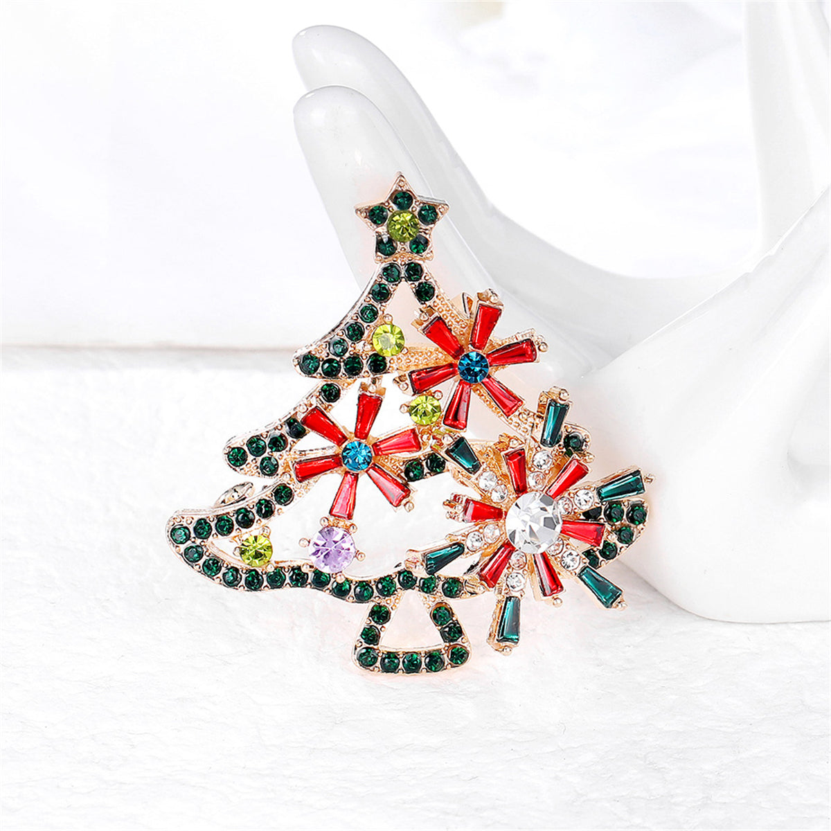 Red Crystal and Green Cubic Zirconia Open Christmas Tree Brooch, brooch pin, elegant gift for her, front view