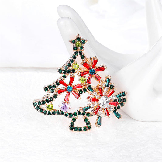 Red Crystal and Green Cubic Zirconia Open Christmas Tree Brooch, brooch pin, elegant gift for her, front view