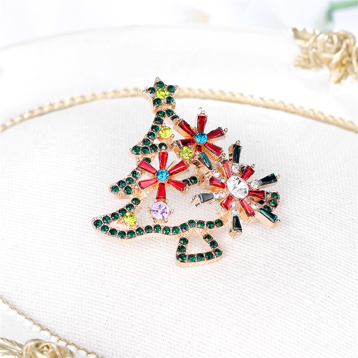 Red Crystal and Green Cubic Zirconia Open Christmas Tree Brooch, brooch pin, elegant gift for her, lifestyle look