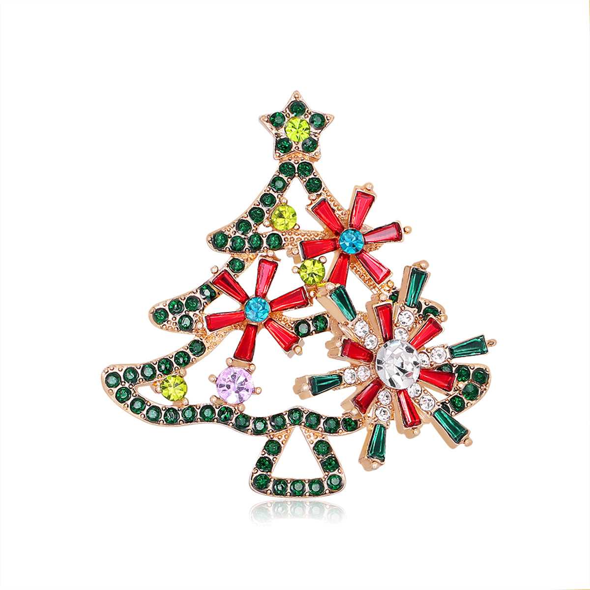 Red Crystal & Green Cubic Zirconia Open Christmas Tree Brooch