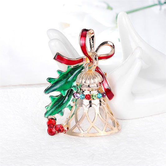 Red Cubic Zirconia and Green Enamel Bell Brooch, brooch pin, dainty minimalist design, front view