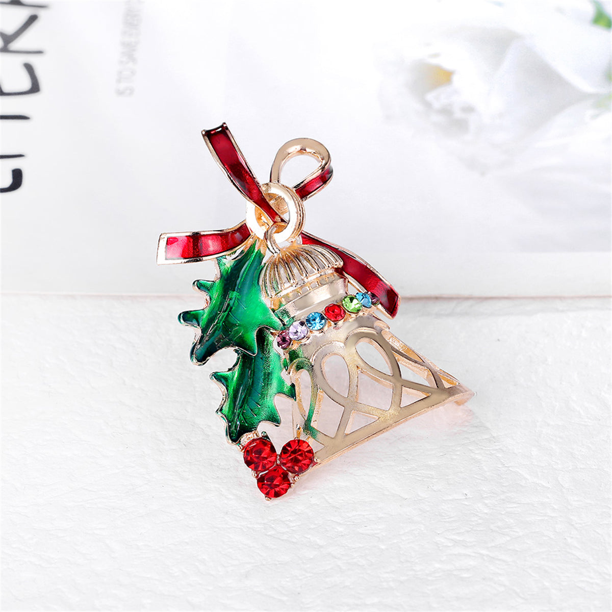 Red Cubic Zirconia and Green Enamel Bell Brooch, brooch pin, dainty minimalist design, lifestyle look