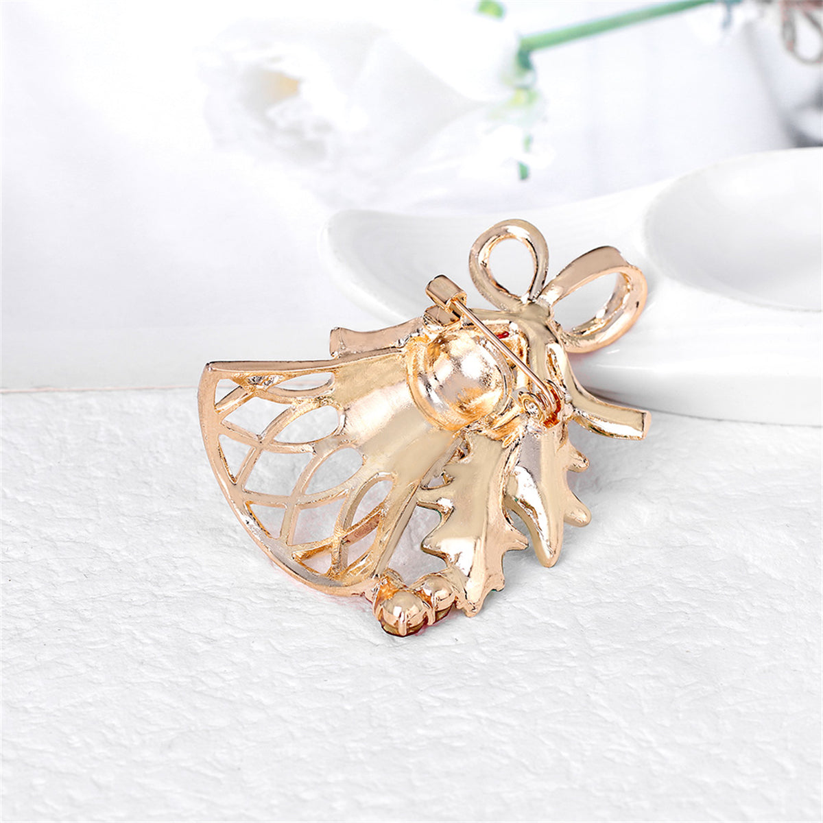 Red Cubic Zirconia & Green Enamel Bell Brooch